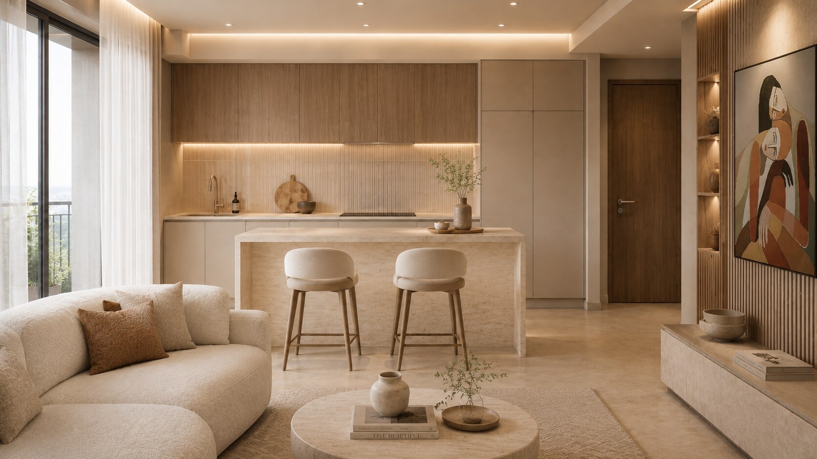 Cuisine ouverte et séjour d'un appartement F3 Lotus Résidences